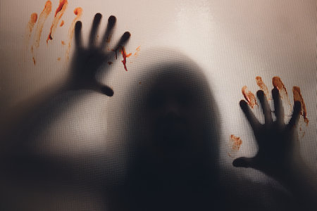 Horror ghost woman with blooded hands behind the matte glass. Halloween festival concept.
