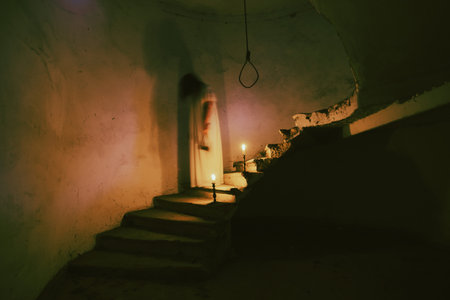 Ghost in abandoned, haunted house. Horror scene of spooky silhouette holding old axe, halloween concept.の写真素材