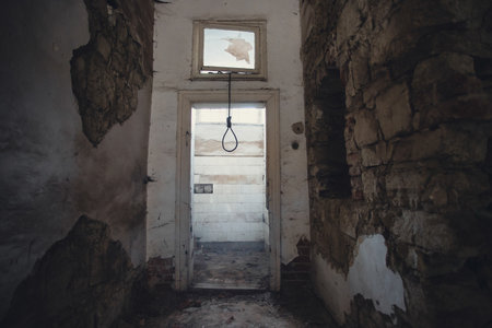 Abandoned haunted manor. Dark dirty grunge and creepy atmosphere wih noose. Homicide or commit suicide conceptの写真素材