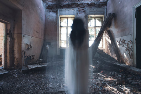 Ghost in abandoned, haunted house. Horror scene of scary spirit of a woman, halloween concept.の写真素材