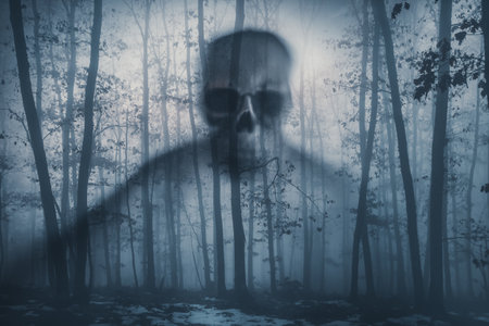 Horror background of a ghostly figure in enchanted a forest on a moody, foggy night. Halloween conceptの写真素材