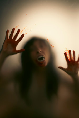 Vampire woman with blooded hands behind the matte glass. Halloween festival concept.の写真素材