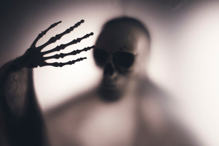 Horror skeleton or grim reaper behind the matte glass. Halloween festival concept.Blurred pictureの写真素材