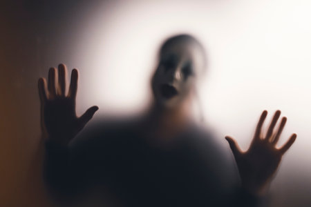 Horror ghost woman behind the matte glass. Halloween festival concept.の写真素材