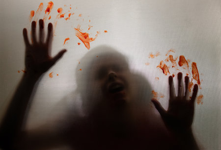Horror ghost girl behind the matte glass with blooded hands. Halloween festival concept.の写真素材