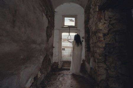 Ghost in abandoned, haunted house. Horror scene of scary spirit of a woman and rope with a noose, halloween concept.の写真素材