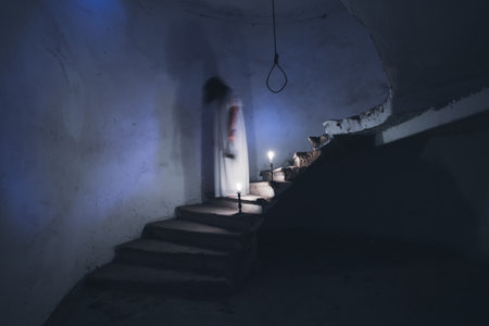 Ghost in abandoned, haunted house. Horror scene of spooky silhouette holding old axe, halloween concept.の写真素材
