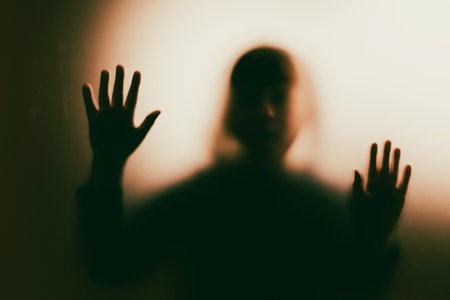 Horror ghost girl behind the matte glass. Halloween festival concept.の写真素材