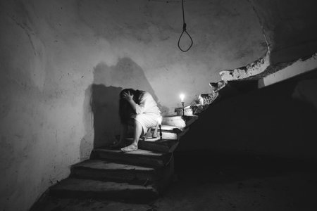 Ghost in abandoned, haunted house. Horror scene of scary spirit of a woman and rope with a noose, halloween concept.の写真素材