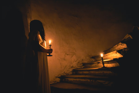 Ghost in abandoned, haunted house. Horror scene of scary spirit of a woman, halloween concept.の写真素材