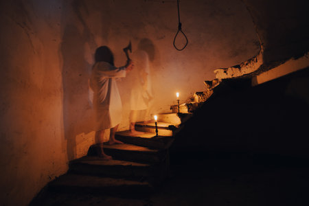 Ghost in abandoned, haunted house. Horror scene of spooky silhouette holding old axe, halloween concept.の写真素材