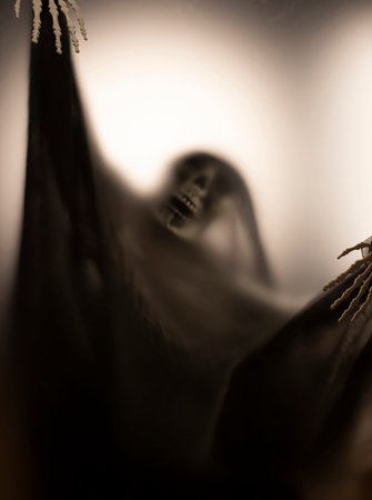 Horror skeleton or grim reaper behind the matte glass. Halloween festival concept.Blurred pictureの写真素材