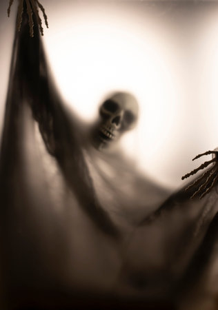 Horror skeleton or grim reaper behind the matte glass. Halloween festival concept.Blurred pictureの写真素材