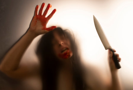 Horror, halloween background - Shadowy figure behind glass holding a knife and with blooded handsの写真素材