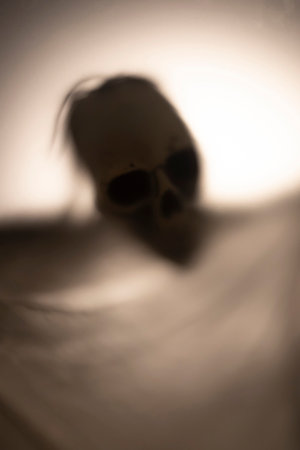 Horror skeleton or grim reaper behind the matte glass. Halloween festival concept.Blurred pictureの写真素材