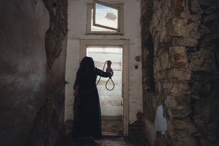 Ghost in abandoned, haunted house. Horror scene of scary spirit of a woman and rope with a noose, halloween concept.の写真素材