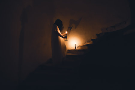 Ghost in abandoned, haunted house. Horror scene of scary spirit of a woman, halloween concept.の写真素材
