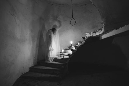 Ghost in abandoned, haunted house. Horror scene of spooky silhouette holding old axe, halloween concept.の写真素材