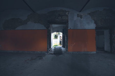 Ghost in abandoned, haunted house. Horror scene of scary spirit of a black widow, halloween concept.の写真素材