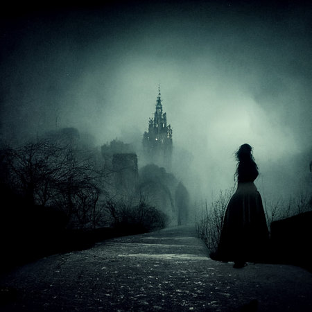 Horror background of a ghostly figure near an enchanted castle on a moody, foggy night. Halloween concept. Digital illustrationの写真素材
