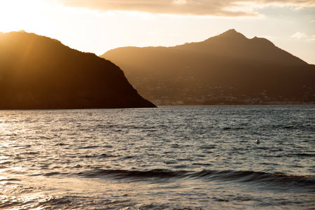 Panoramic beach landscape in magic sunset.の写真素材