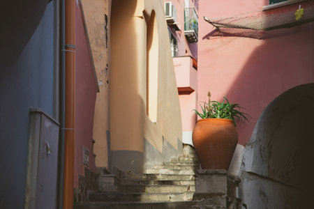 Procida island with colorful houses in small town streetの写真素材