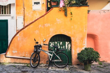 Procida island with colorful houses in small town streetの写真素材