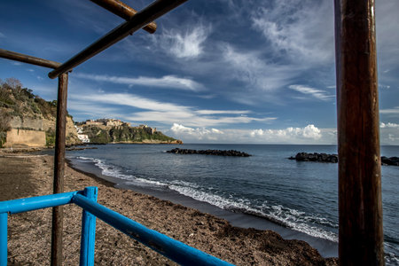 Colorful wooden hut on Chiaiai beach, Procida Island, Italy.の写真素材