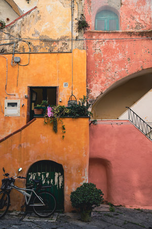 Procida island with colorful houses in small town streetの写真素材