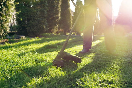 Mowing the grass with a lawn mower. Garden work concept background.の写真素材