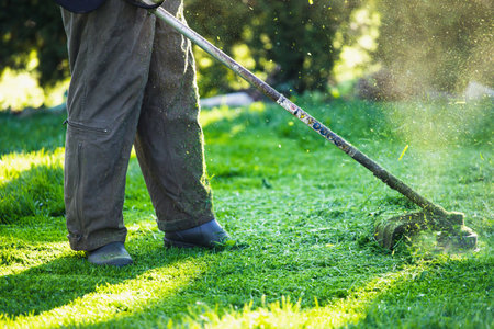 Mowing the grass with a lawn mower. Garden work concept background.の写真素材
