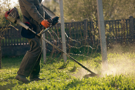 Mowing the grass with a lawn mower. Garden work concept background.の写真素材