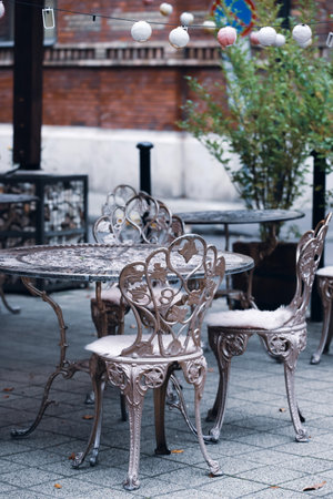 Budapest cafe tables, autumn mood.の写真素材
