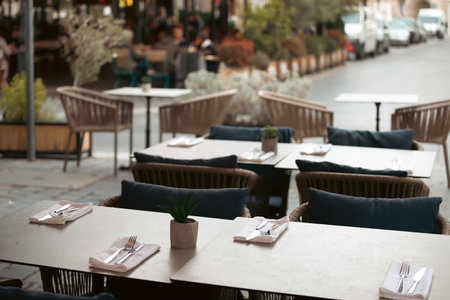 Budapest cafe tables, autumn mood.の写真素材