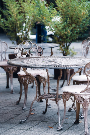Budapest cafe tables, autumn mood.の写真素材
