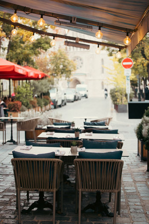 Budapest cafe tables, autumn mood.の写真素材