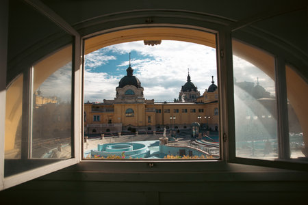 Szechenyi spa bath, Budapest, Hungary. Szechenyi Medicinal Bath is the largest medicinal bath in Europe.の写真素材
