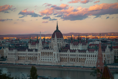 View of Budapest parliament at sunset, Hungaryの写真素材