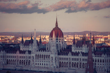 View of Budapest parliament at sunset, Hungaryの写真素材