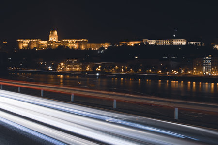 Night view of the illuminated building of the hungarian parliament in Budapestの写真素材
