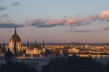 View of Budapest parliament at sunset, Hungaryの写真素材