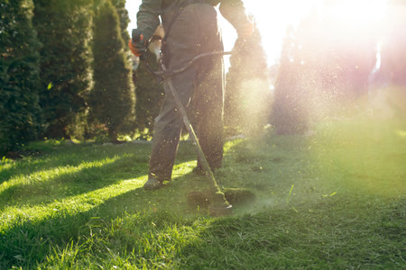 Mowing the grass with a lawn mower. Garden work concept background.の写真素材