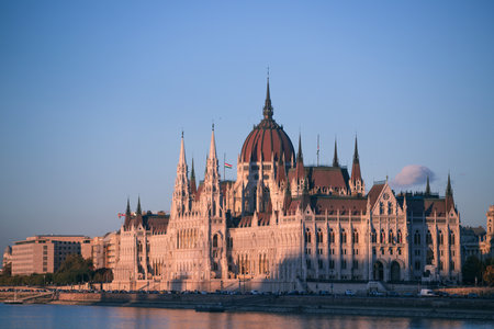 View of Budapest parliament at sunset, Hungaryの写真素材