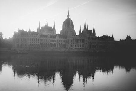 Panoramic view of Budapest on a foggy autumn morning with the Danube river and the Hungarian Parliament.の写真素材