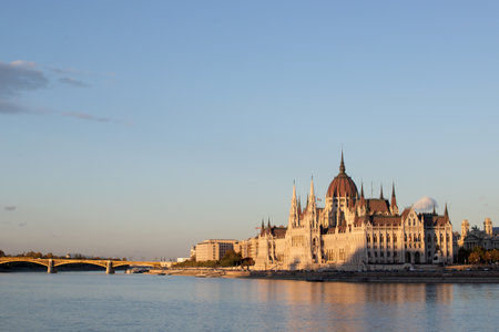 View of Budapest parliament at sunset, Hungaryの写真素材
