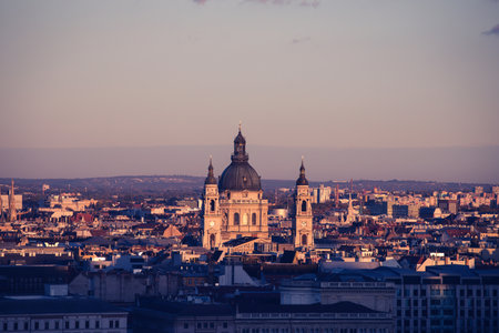 View of Budapest parliament at sunset, Hungaryの写真素材