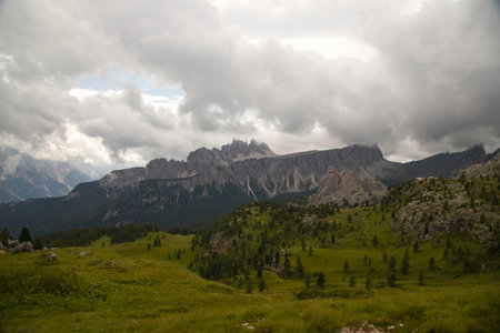 Majestic Cinque Torri in Dolomite Alps. Amazing nature lanscape background.の写真素材