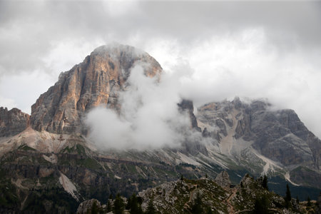 Tofana di Rozes in summer mist in the Dolomites, Italy, Europeの写真素材