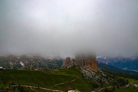 Majestic Cinque Torri in Dolomite Alps. Amazing nature lanscape background.の写真素材