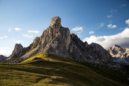View of Ra Gusela Peak of Nuvolau group in the Italian Dolomites Mountain at Giau Pass, South Tyrol Italy.の写真素材